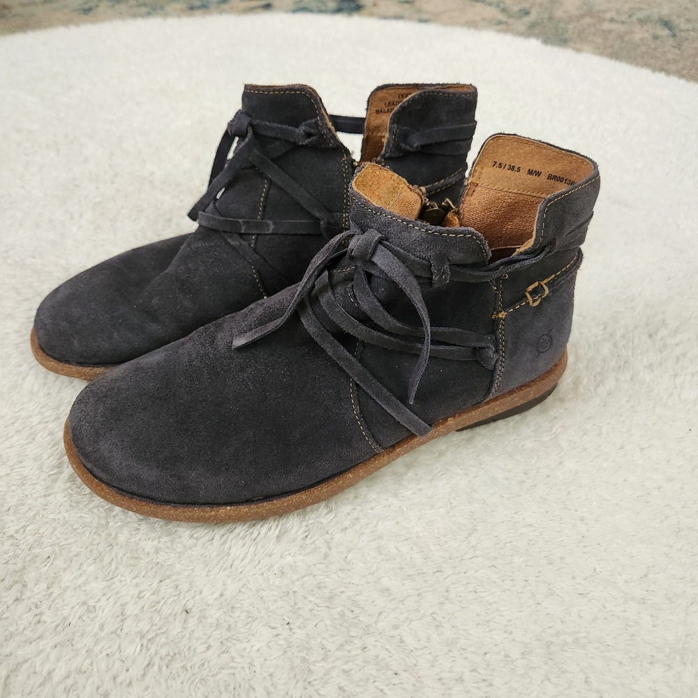 Born Tarkiln Suede Ankle Boots Dark Blue Lace Up‎ Side Zip Women's Size 7.5